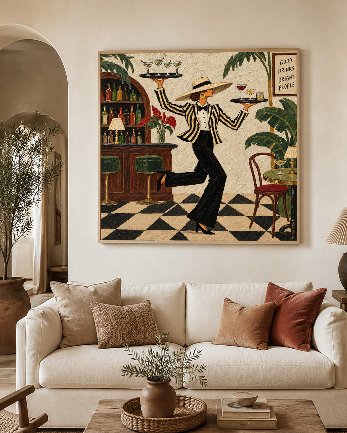 Vintage Waitress Canvas Painting With Cocktails And Tropical Bar Scene