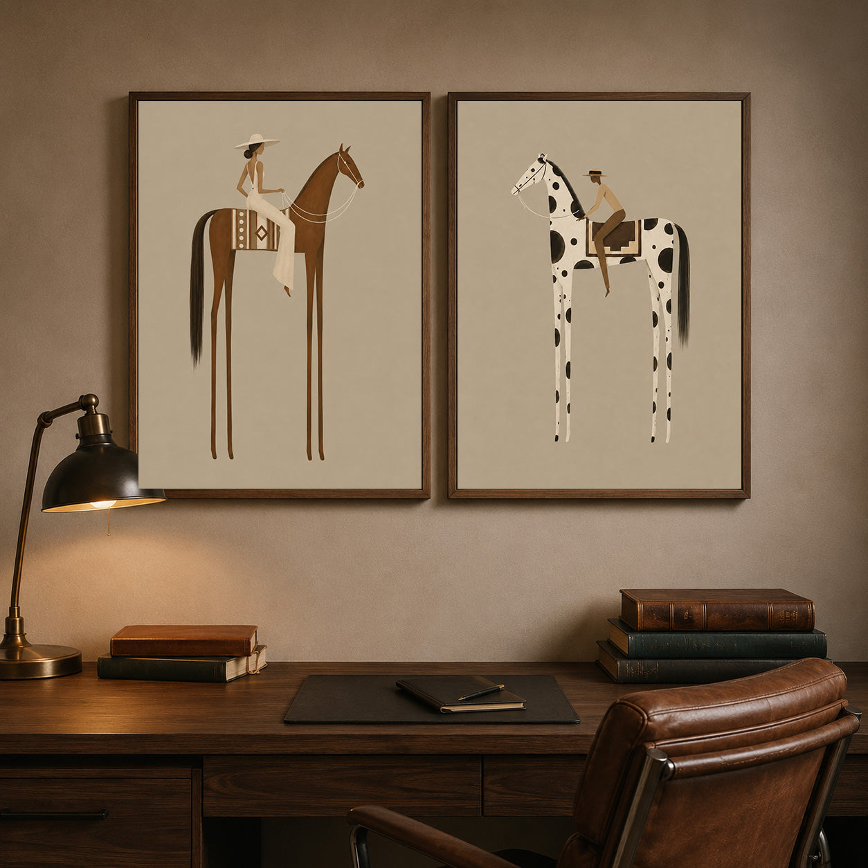 Vintage Beige Horse Painting Set Of Two For Modern Living Room Wall Decor