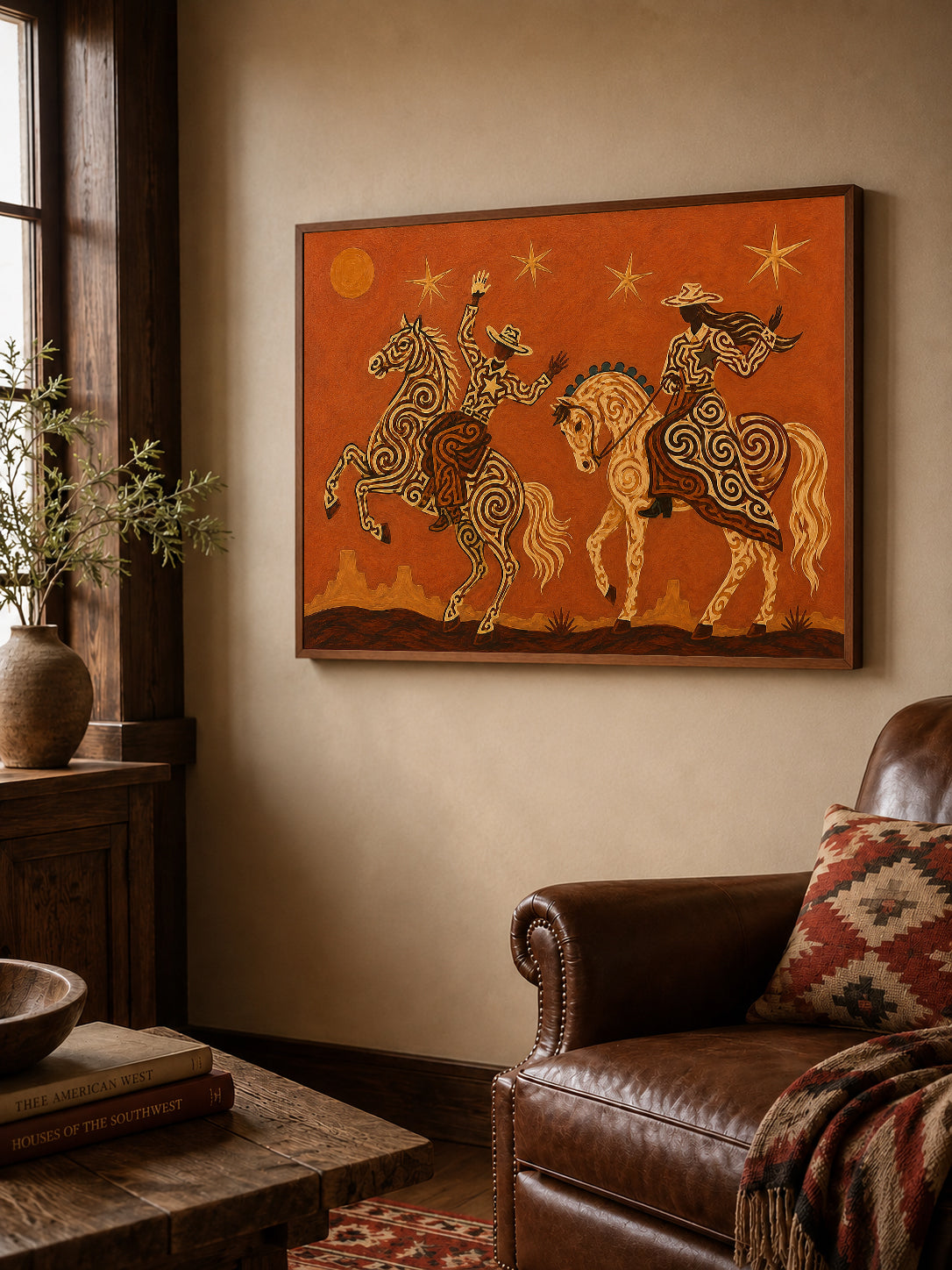 Cowboy Cowgirl Horse Painting, Orange Desert Western Folk Art, Southwestern Riders Decor