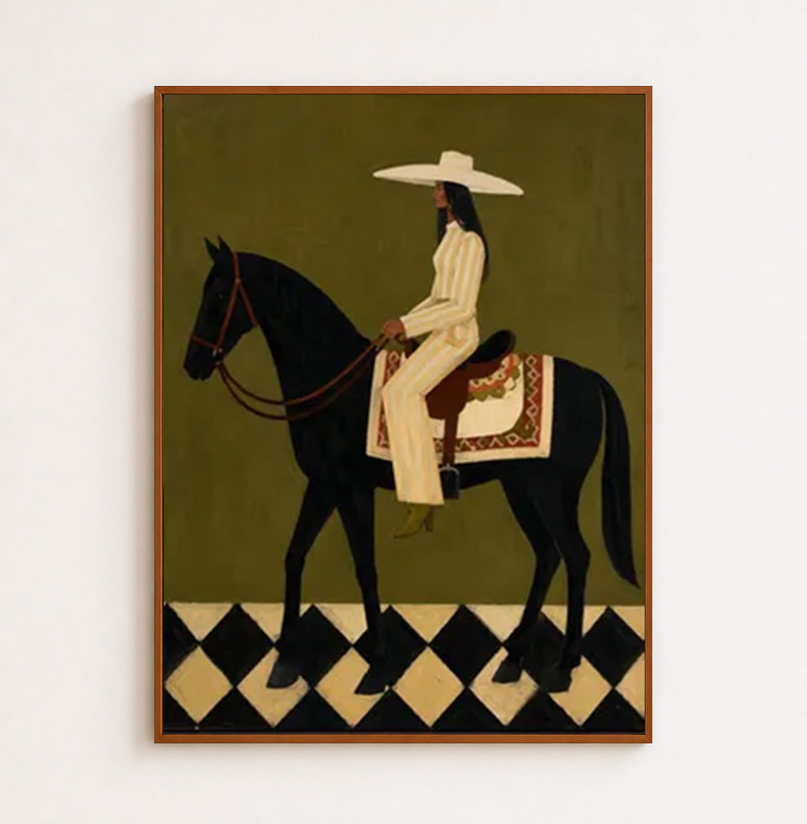 Retro Equestrian Art Painting Olive Green Background Woman On Horse Wall Decor