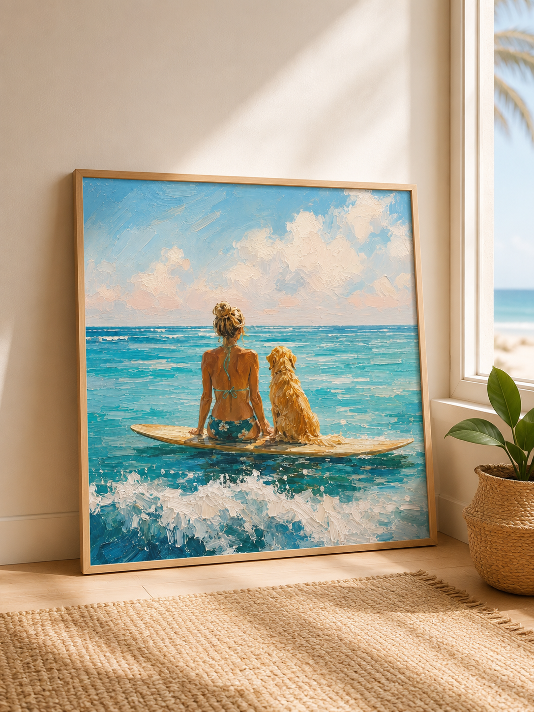 Summer Beach Surfboard Art Hand Painted Girl And Dog Ocean View Art For Beach House Living Room Decor