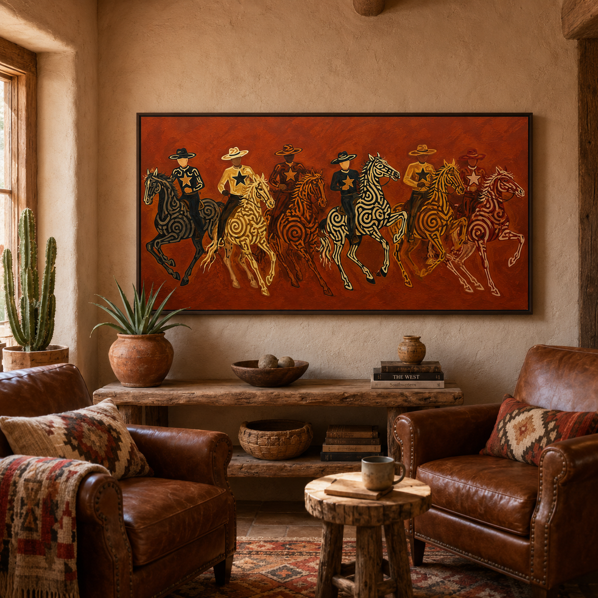 Panoramic Cowboy Horsemen Painting, Terracotta Western Riders, Rustic Ranch Wall Art
