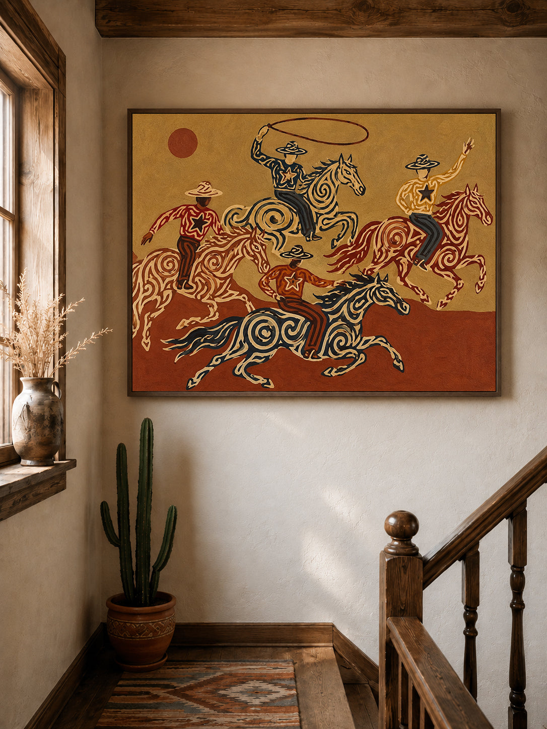 Cowboy And Horse Canvas Painting With Lasso For Western Home Decor