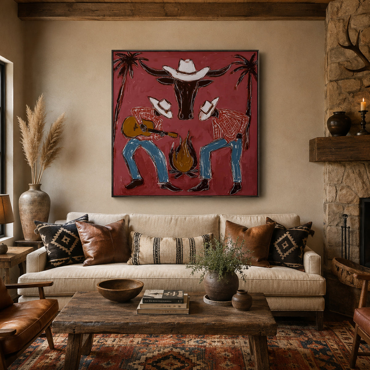 Cowboy Guitar Wall Decor Rustic Western Campfire Scene Canvas Painting For Living Room Decor