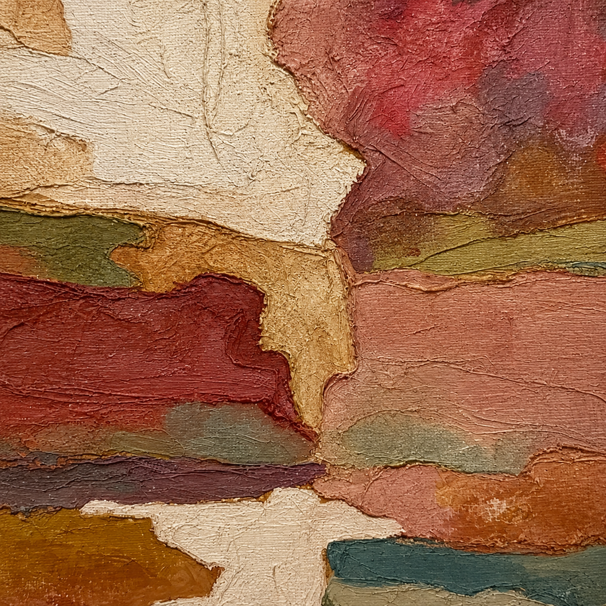 Earth Tone Art Vintage Terracotta Abstract Landscape Painting | Cream & Olive Organic Wall Art