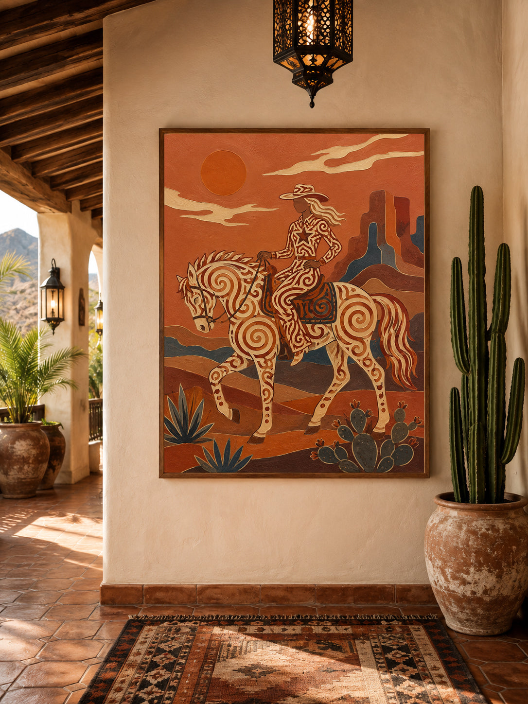 Southwestern Cowgirl Painting, Desert Horse, Canyon Folk Wall Art, Rustic Ranch Decor