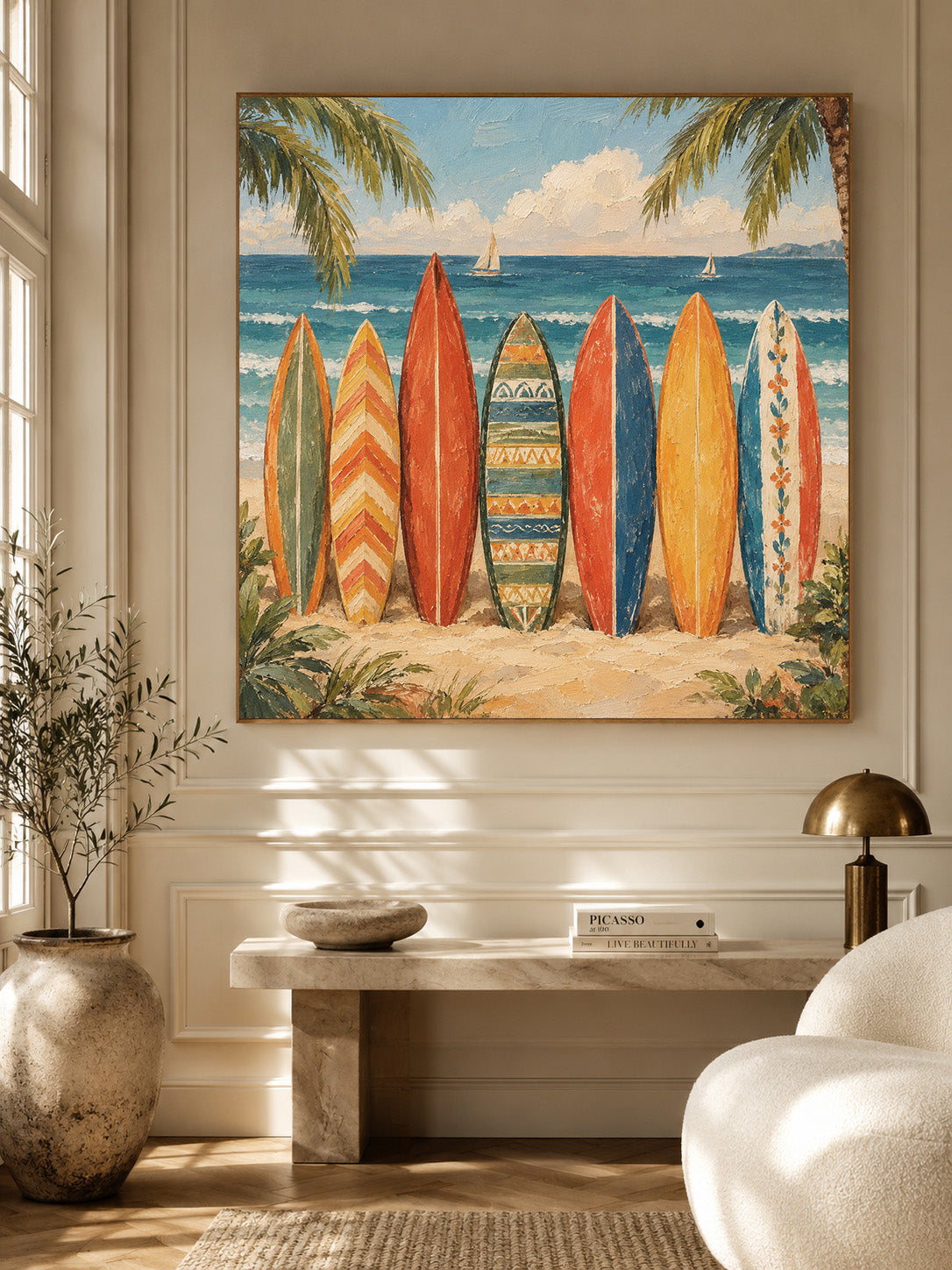Colorful Vintage Surfboard Wall Art, Colorful Beach Oil Painting, Retro Boho Coastal Canvas