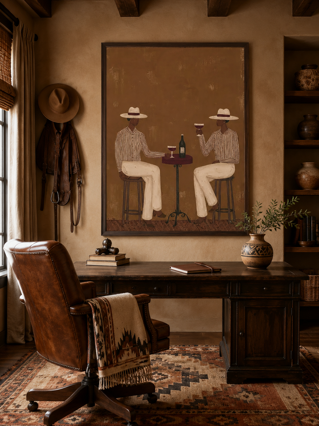 Vintage Bistro Figure Painting For Modern Dining Room Wall Art With Earthy Tones