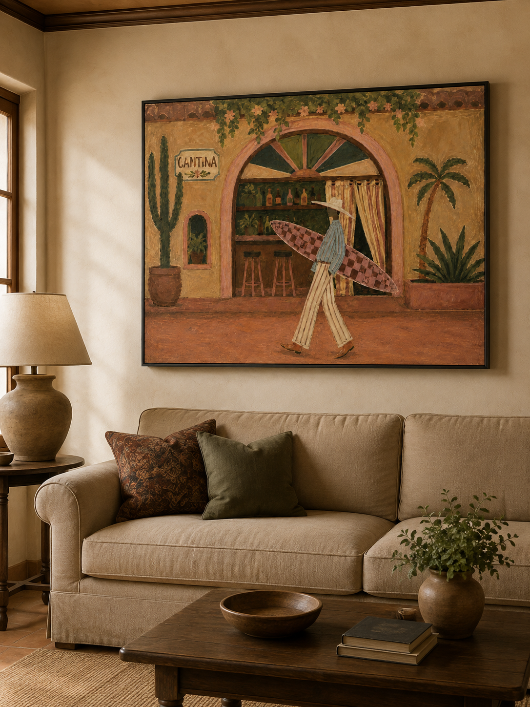 Retro Surfer Cantina Painting For Beach House Decor Cantina Wall Art, Western Coastal Surf Decor