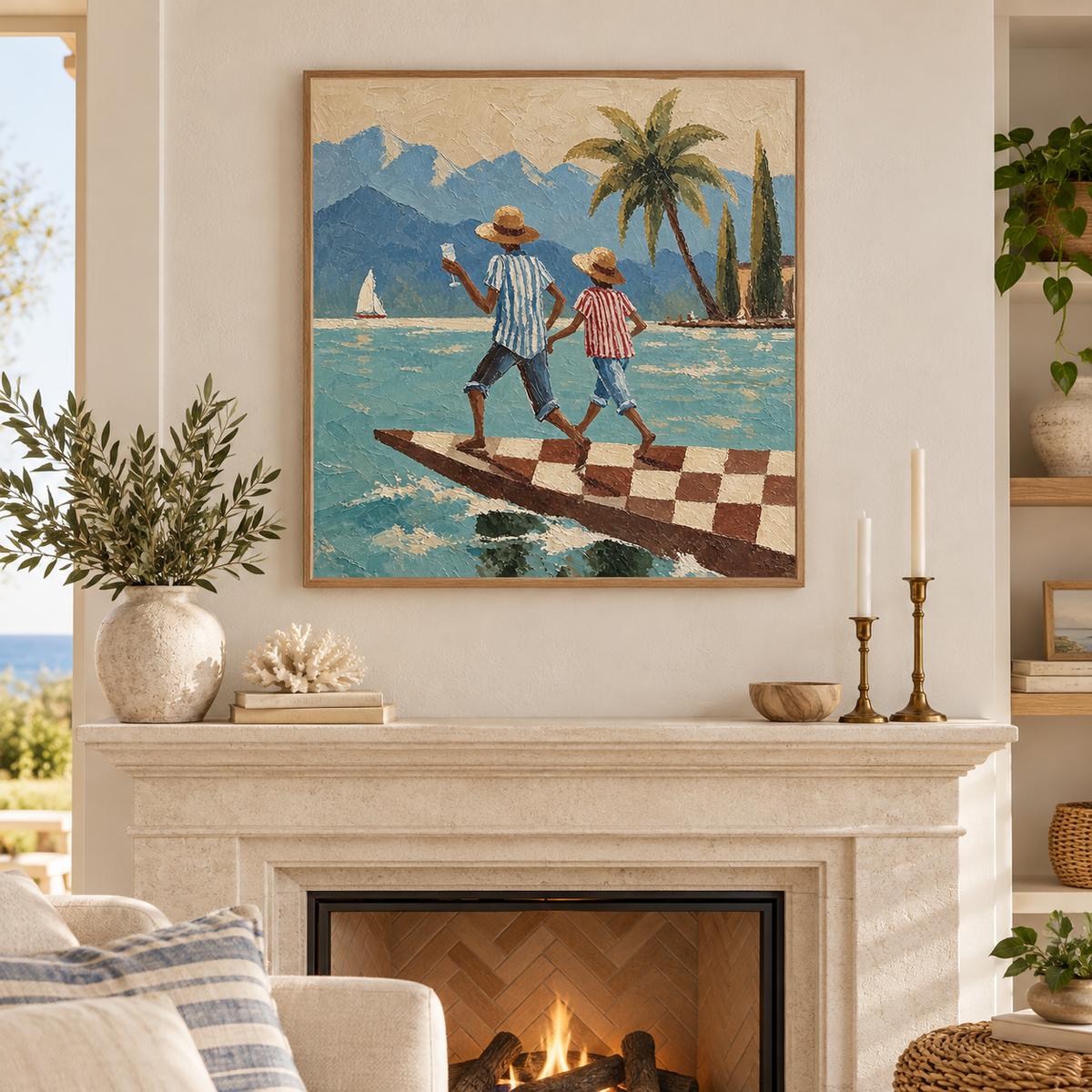 Figurative Beach Scene Hand-Painted Canvas Art With Mountains And Sailboat In Bright Blue Tones