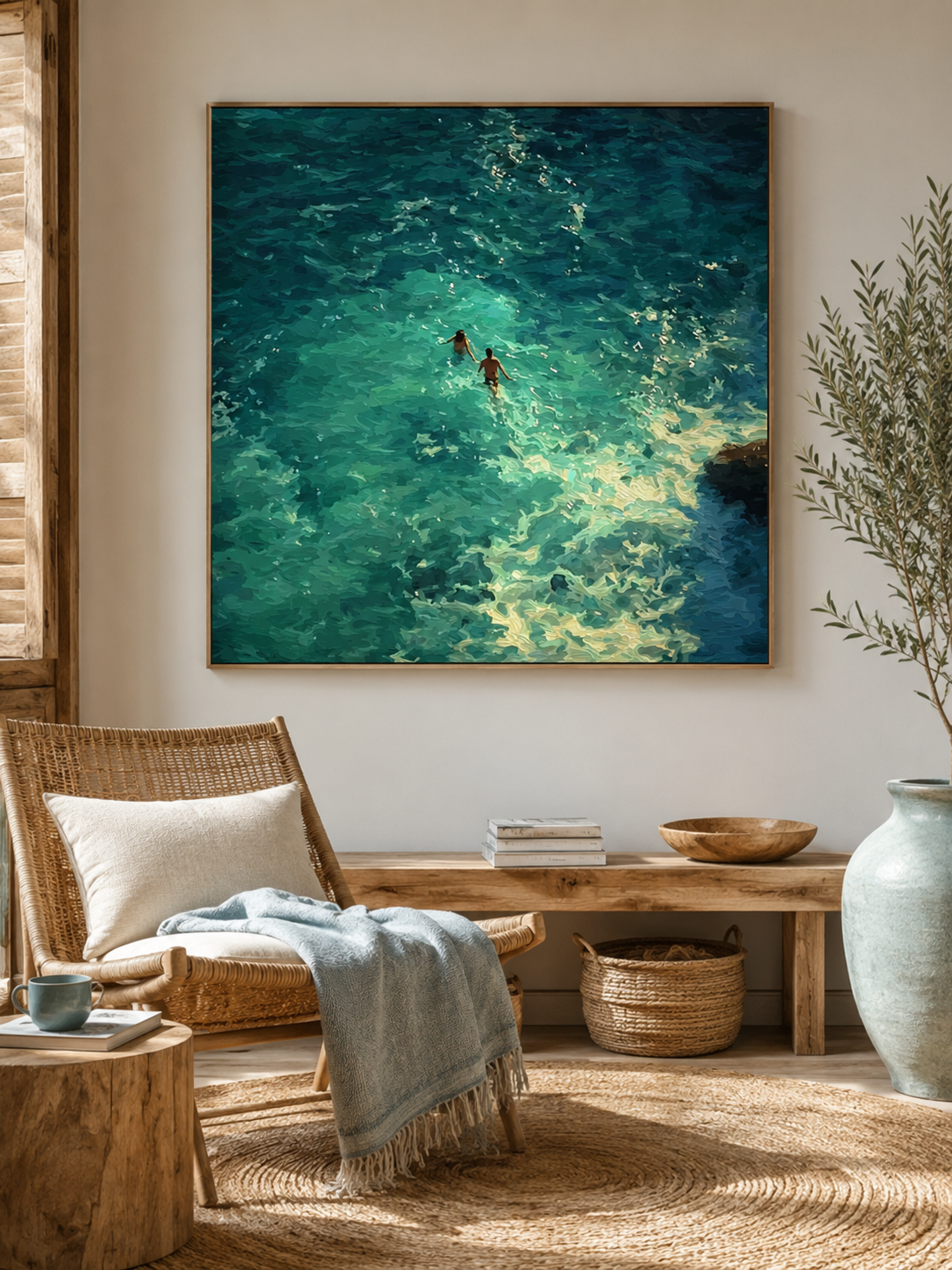 Emerald Ocean Swimmers Square Canvas Art For Beach House Wall Decor