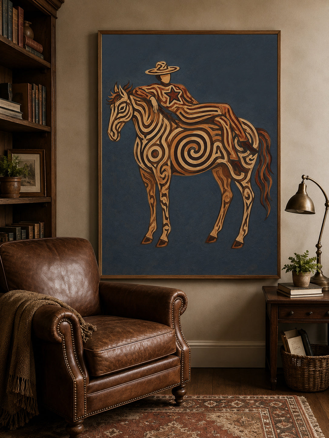 Large Western Horse Painting, Rustic Ranch Home Decor, Abstract Cowboy Style Original Oil Painting