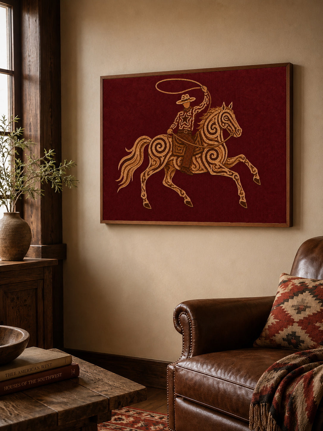 Red Cowboy Horse Oil Painting, Burgundy Western Wall Art, Lasso Rodeo Ranch Decor