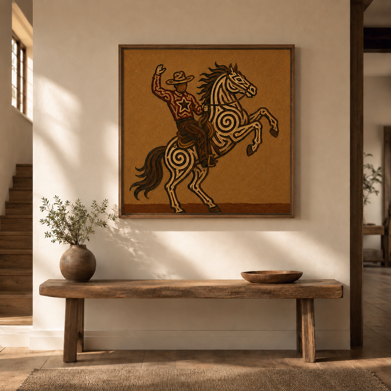 Rearing Horse And Cowboy Art, Wild West Cowboy Riding Painting, Bucking Horse Wall Decor, Dynamic Western Canvas