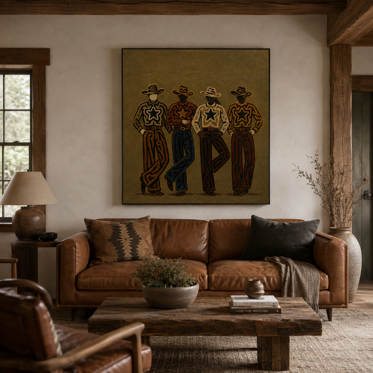 Four Cowboys Painting, Western Folk Art, Rustic Ranch Portrait Wall Decor For Living Room Decor