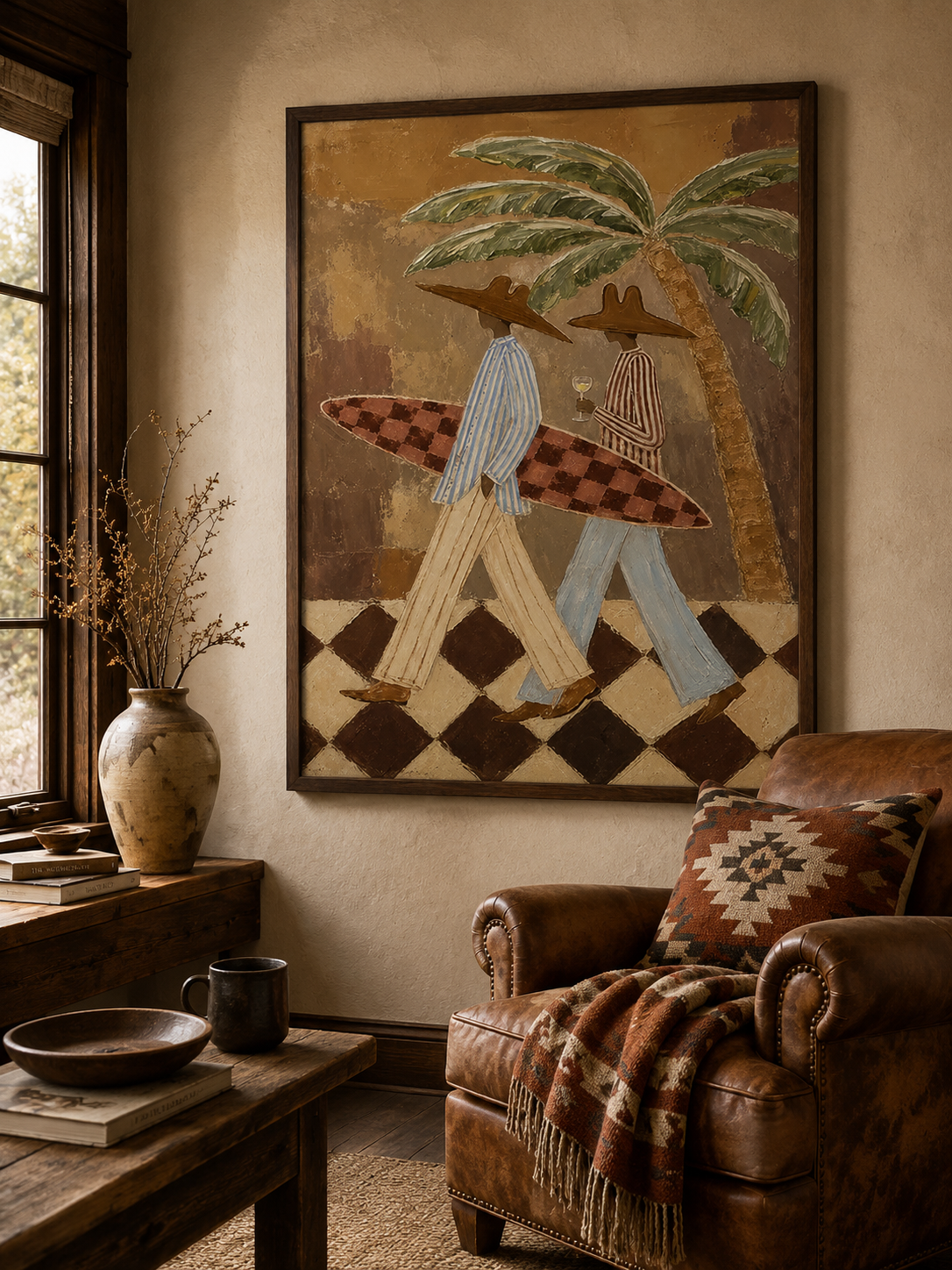 Figurative Summer Vacation Art With Checkered Surfboard And Tropical Palms