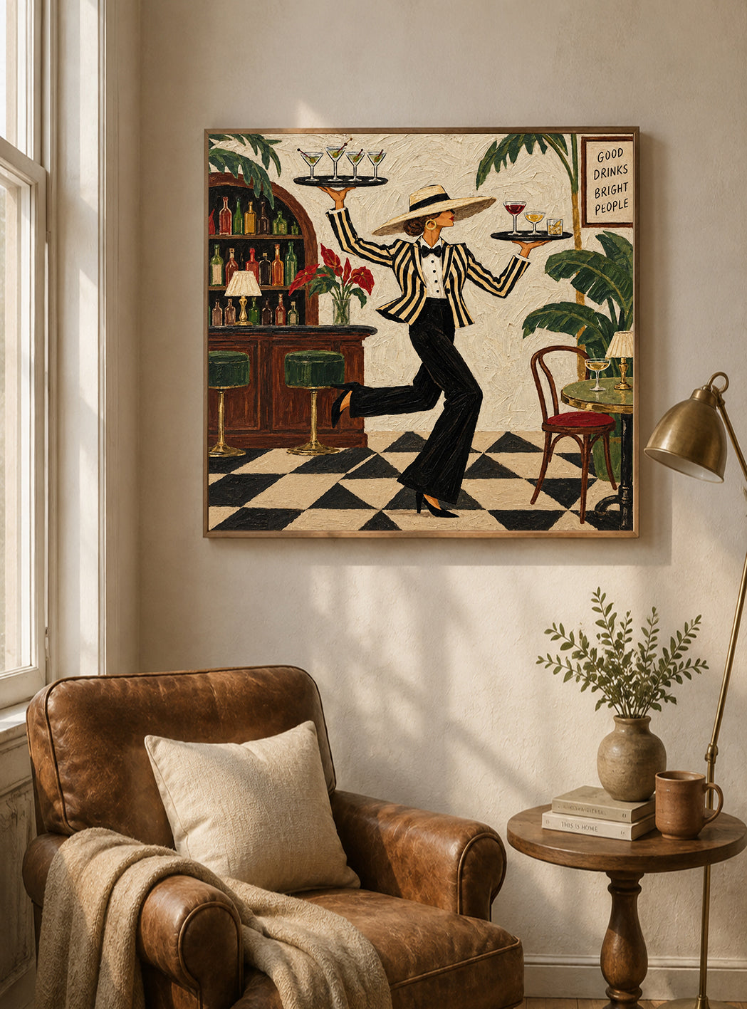 Vintage Waitress Canvas Painting With Cocktails And Tropical Bar Scene
