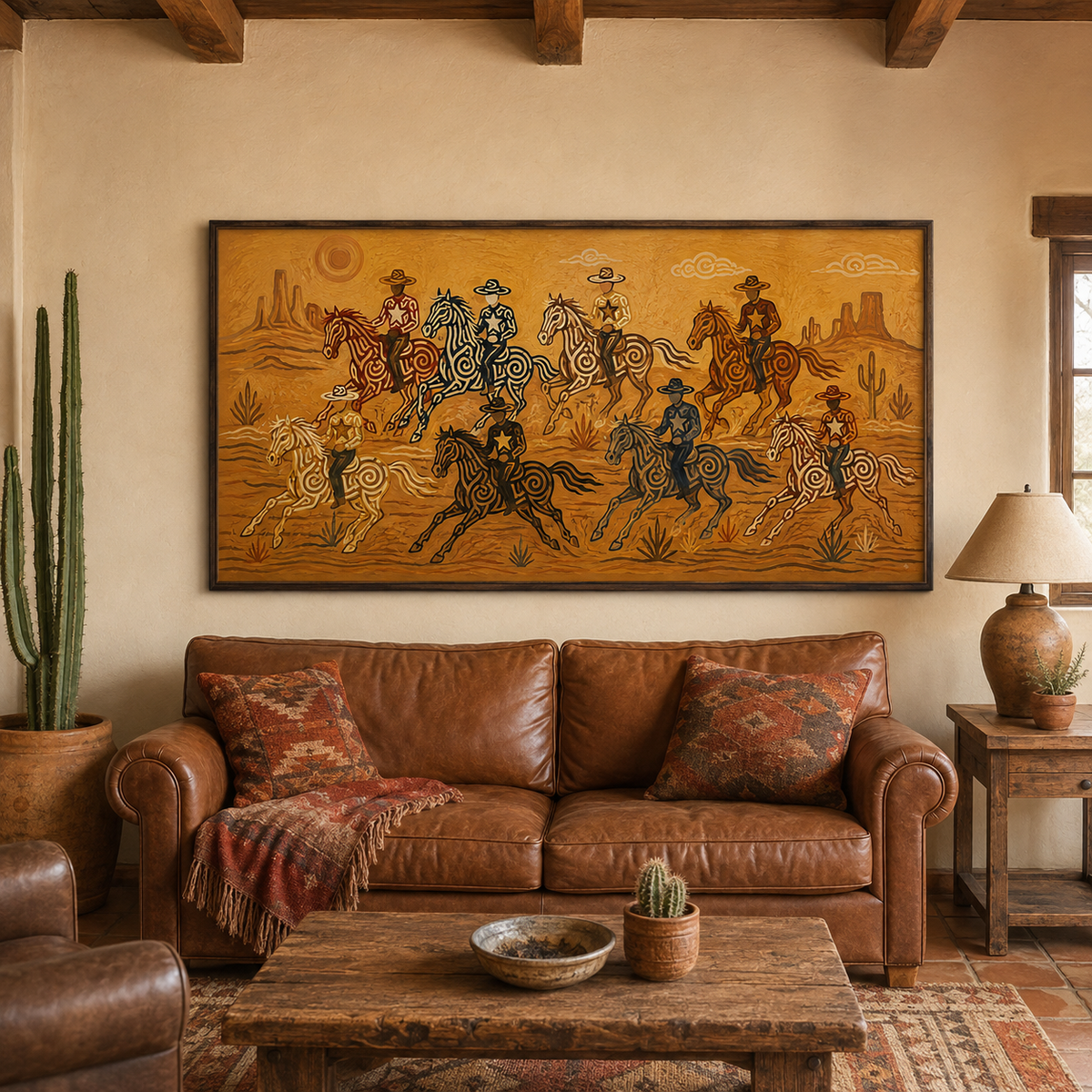 Panoramic Desert Cowboy Painting, Southwestern Horse Riders, Arizona Western Landscape Art