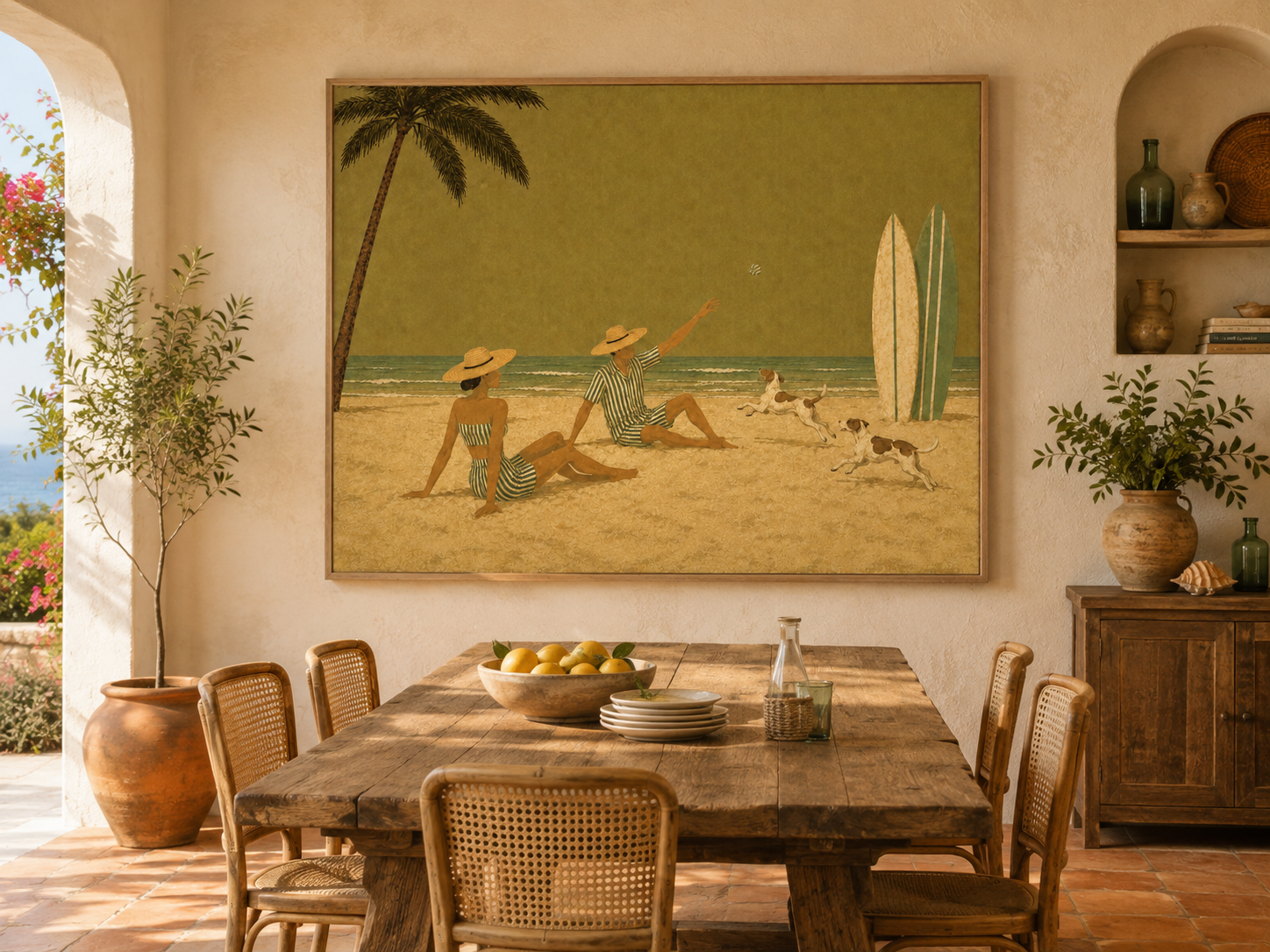 Surfboard Beach Art With Palm Tree And Dogs Vintage Style Original Canvas Painting For Coastal Or Vacation Home Walls