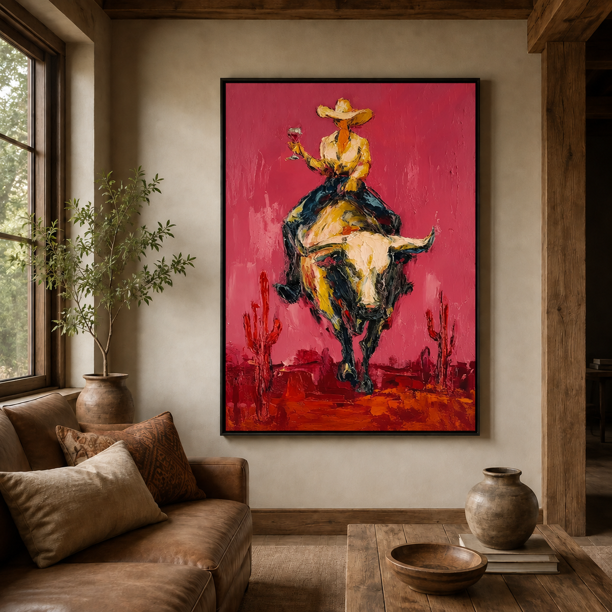 Pink Rodeo Bull Rider Hand-Painted Oil Painting | Southwestern Wall Art