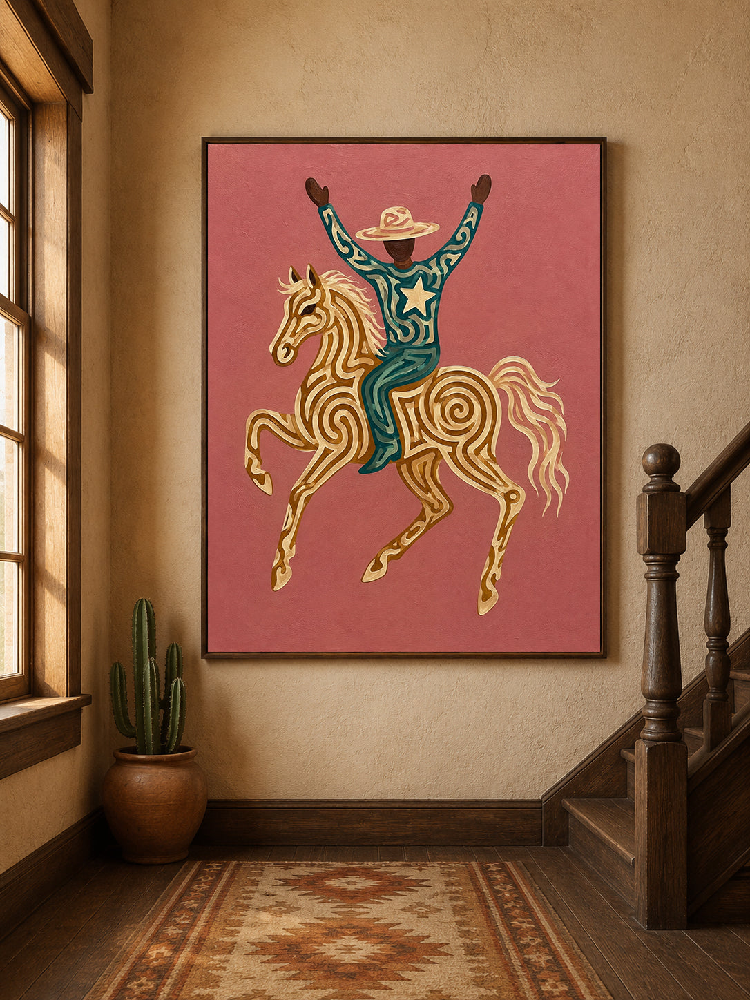Modern Western Wall Art, Cowboy On Horse Canvas , Pink Background Wild West Painting