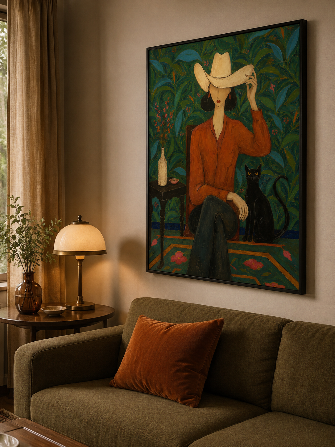 Stylish Woman And Black Cat Painting In Folk Art Style For Living Room Decor
