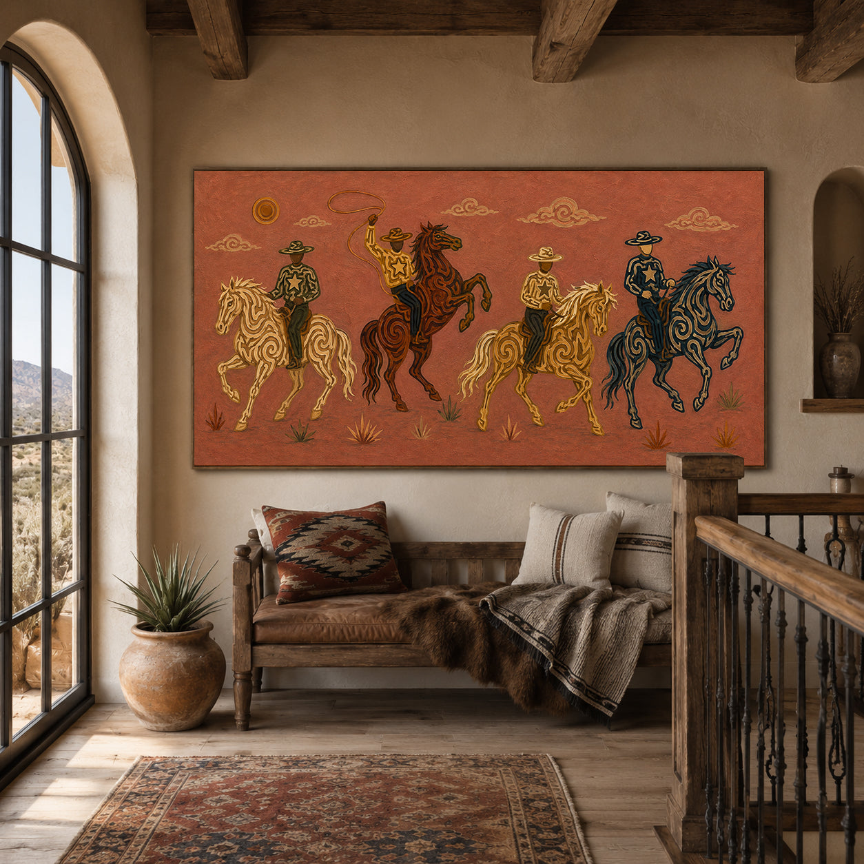 Panoramic Rodeo Cowboy Painting, Lasso Horse Riders, Southwestern Western Ranch Art