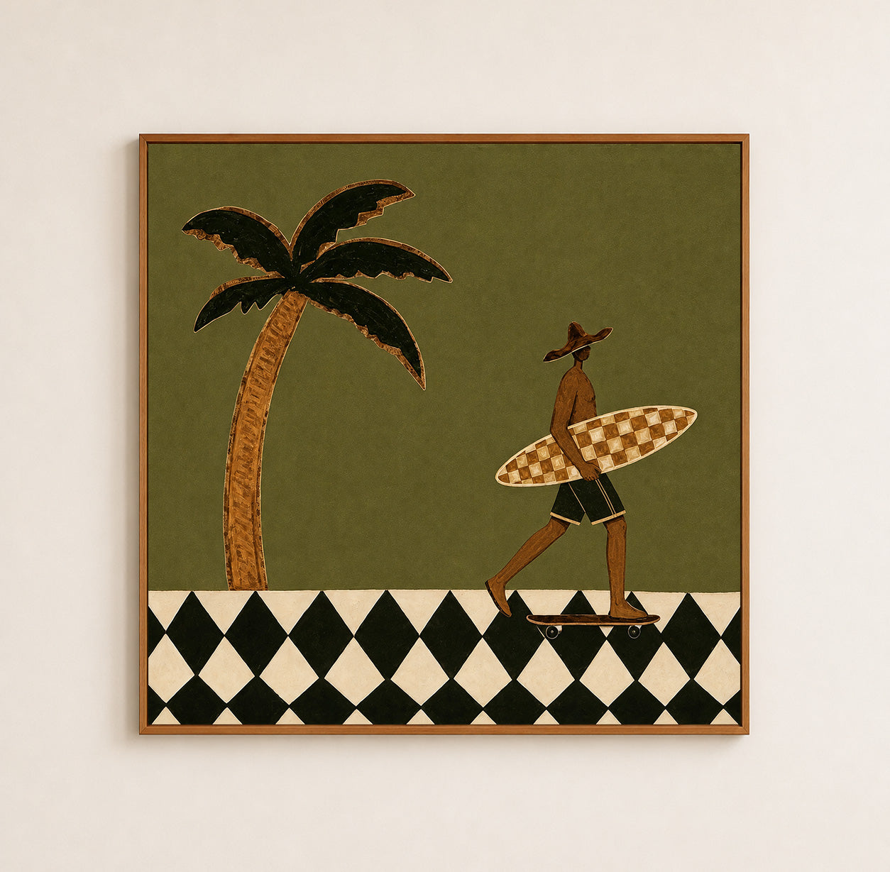 Vintage Minimalist Surf Art With Checkerboard Design For Modern Beach Home Decor
