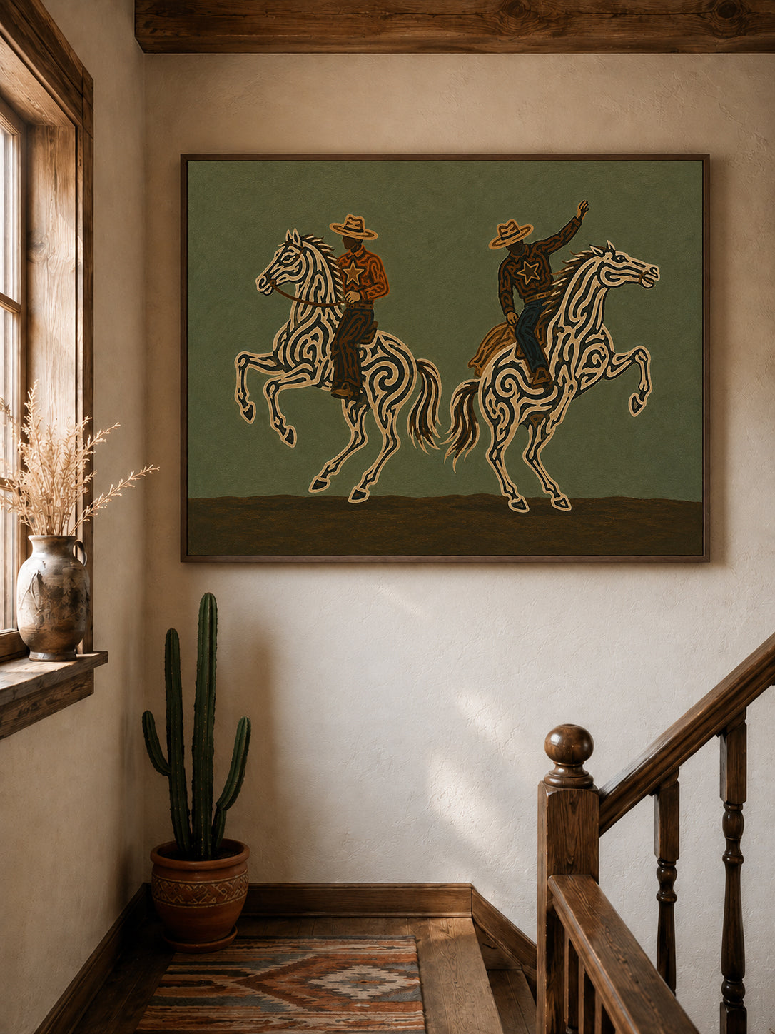Two Cowboys Horse Painting, Olive Green Western Riders, Rustic Southwestern Equestrian Art