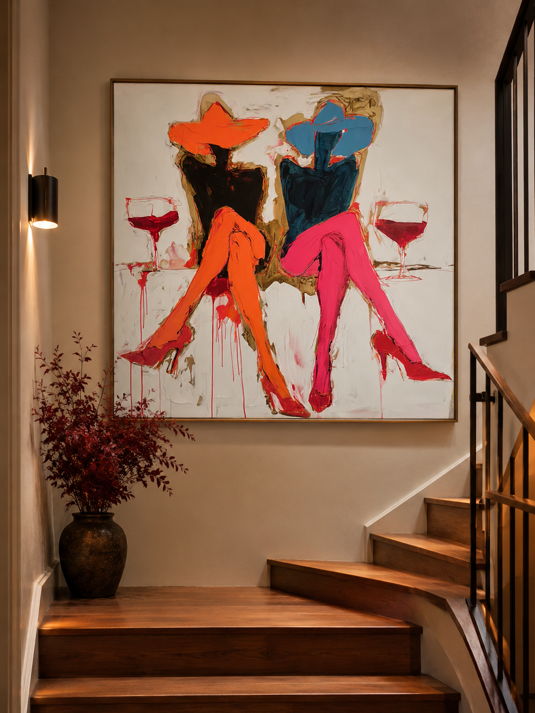 Stylish Fashion Girl Oil Painting With Orange Pink Tones For Living Room Decor