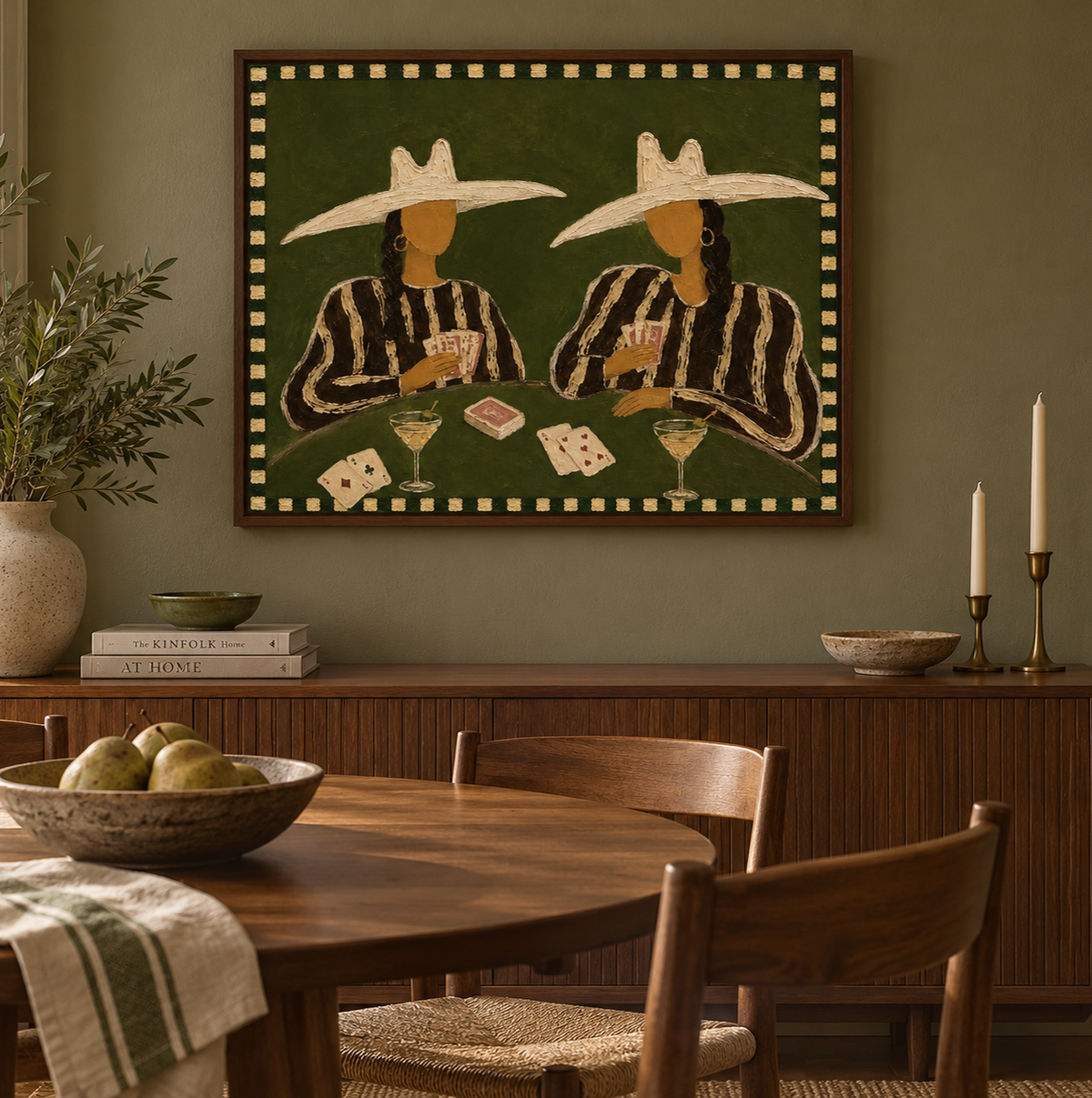 Cowgirl Poker Painting, Western Casino Wall Art With Cocktails, Dark Green Game Room Decor
