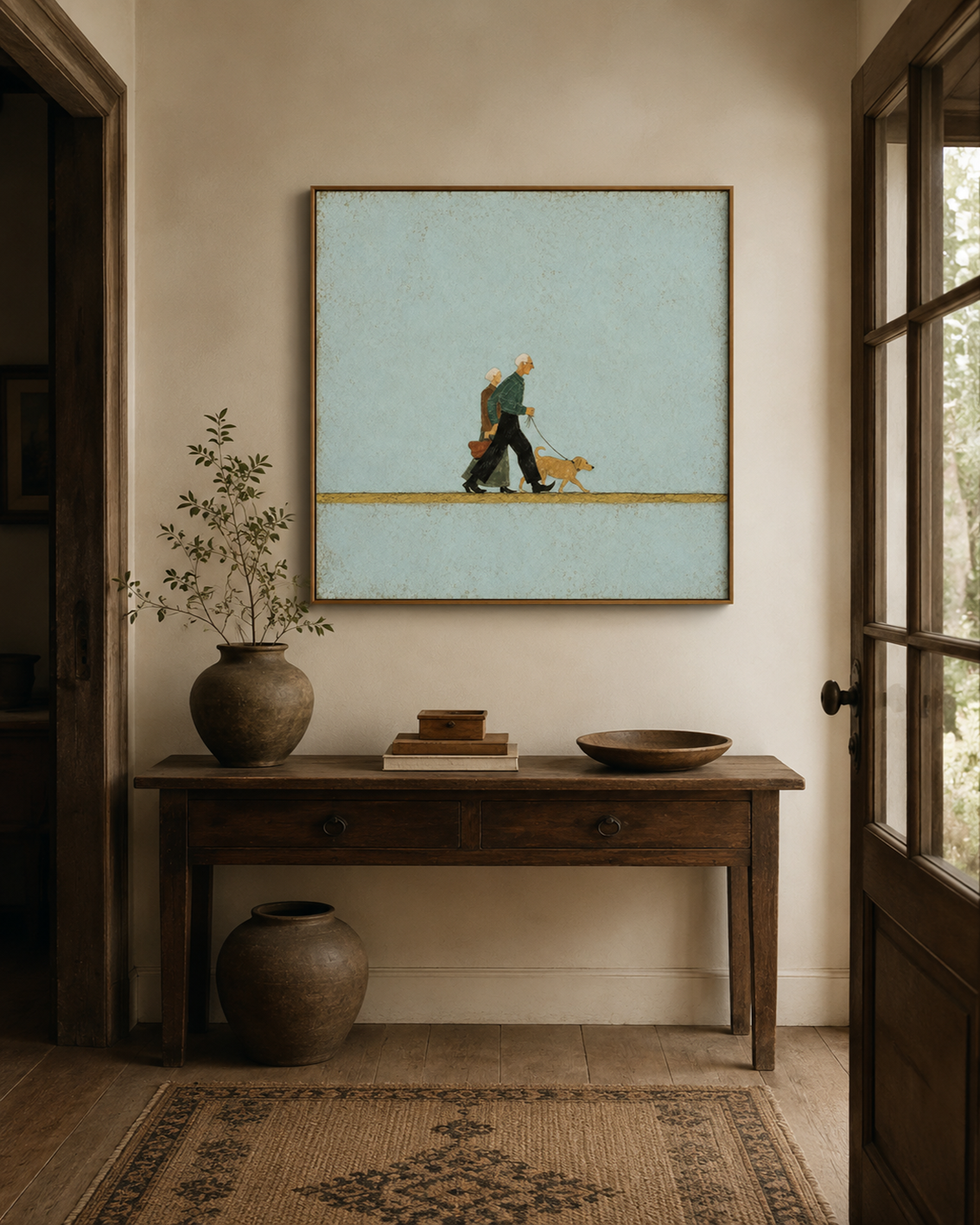 Vintage Dog Walking Painting For Pet Owners Retro Wall Art With Elderly Couple And Teal Background