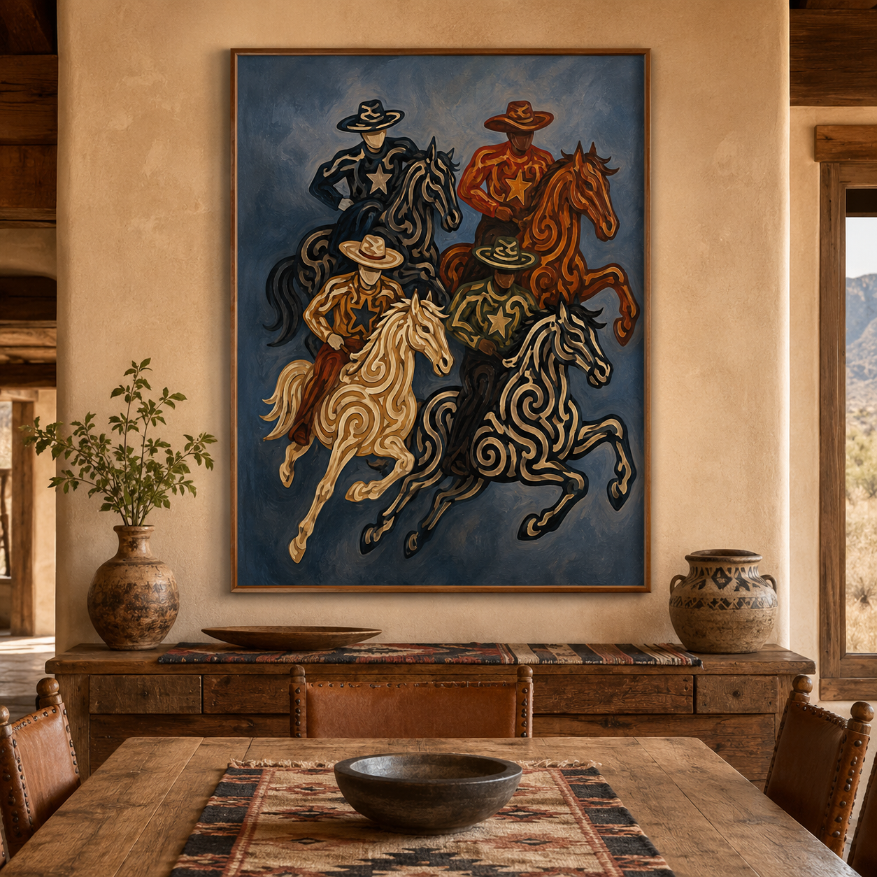 Cowboy And Horse Painting Hand-Painted Navy Blue Western Canvas Art