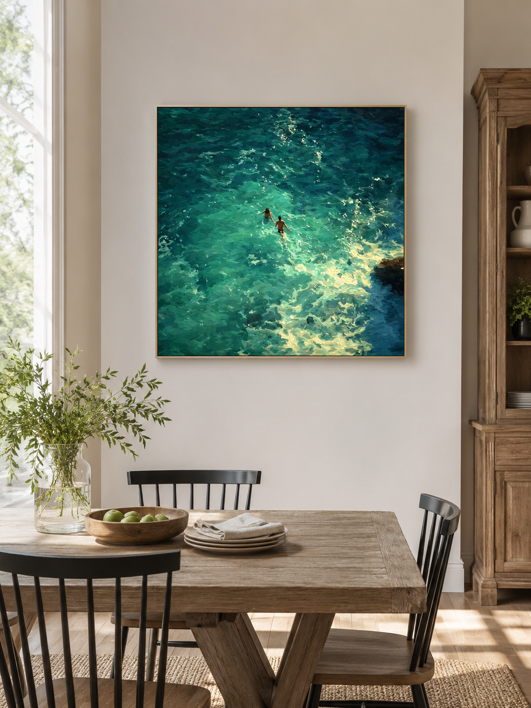 Emerald Ocean Swimmers Square Canvas Art For Beach House Wall Decor