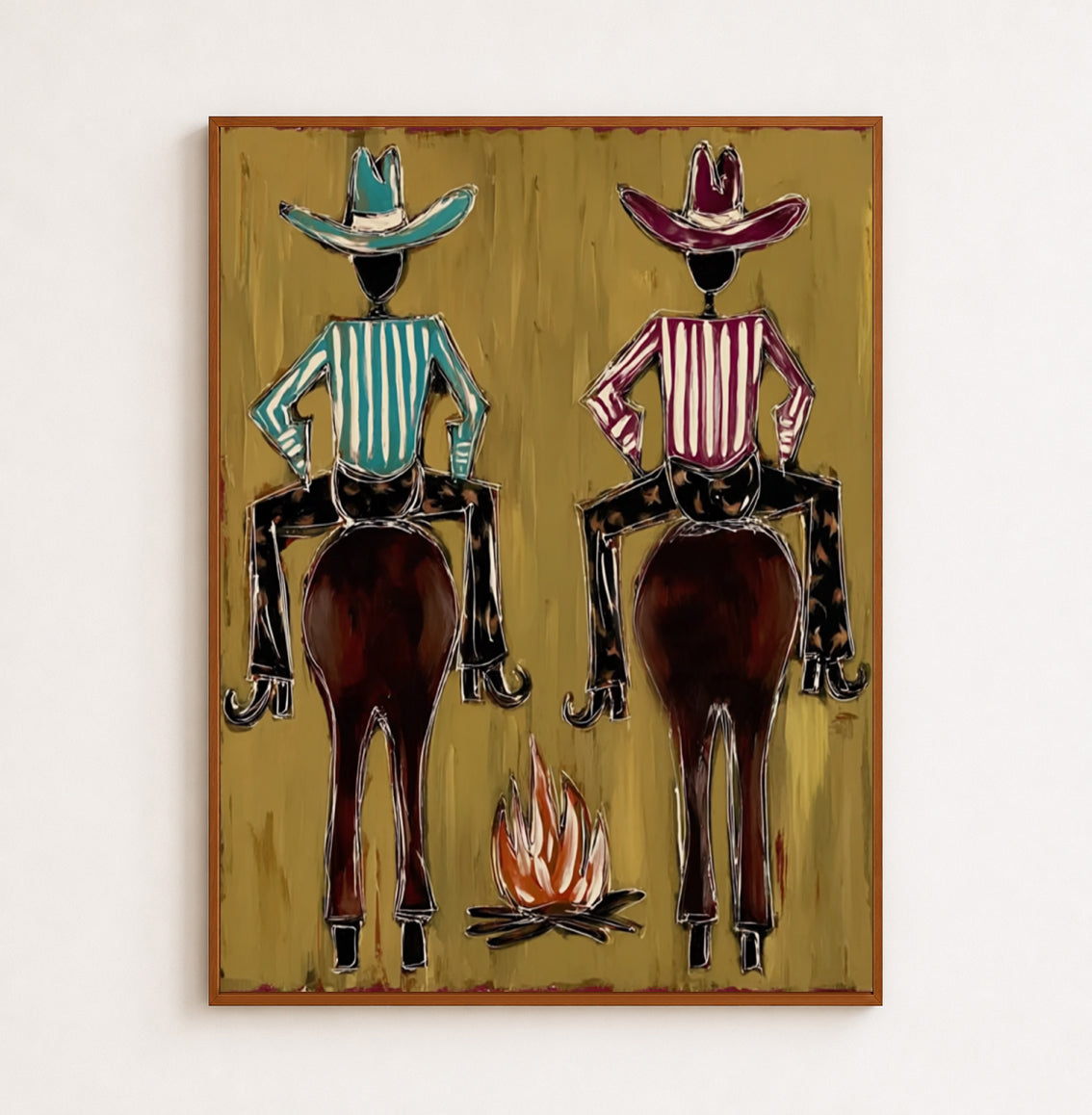 Hand-Painted Cowboy And Horse Canvas Painting With Campfire In Brown And Gold
