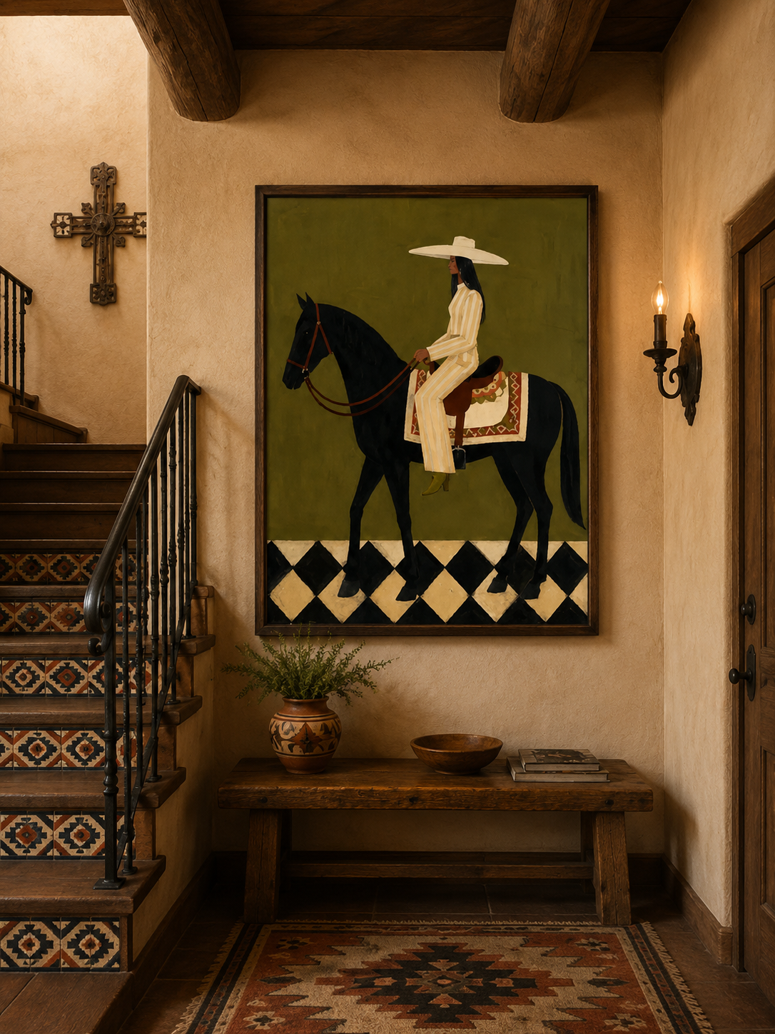 Retro Equestrian Art Painting Olive Green Background Woman On Horse Wall Decor