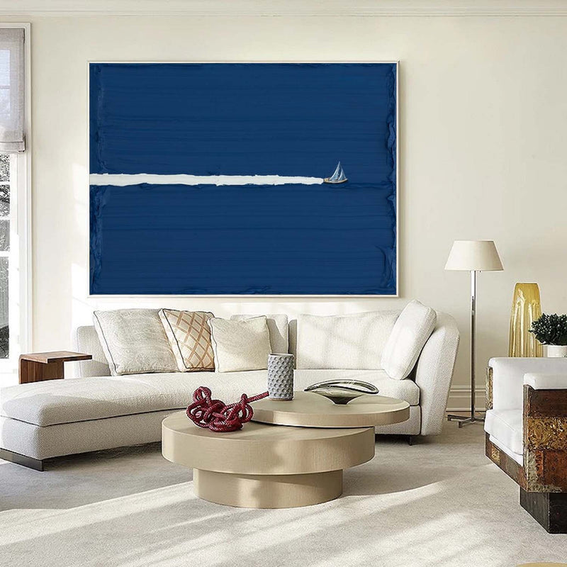 Large blue abstract art Abstract Blue Sailboat Wall Art Blue Sailboat Oil Painting on Canvas Blue Texture Art