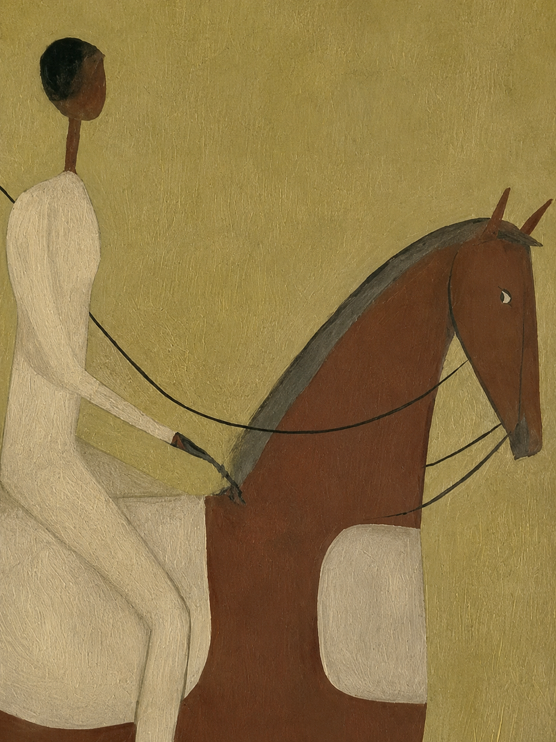 Wabi Sabi Style Rider On Horse Art Original Oil Painting With Olive Background