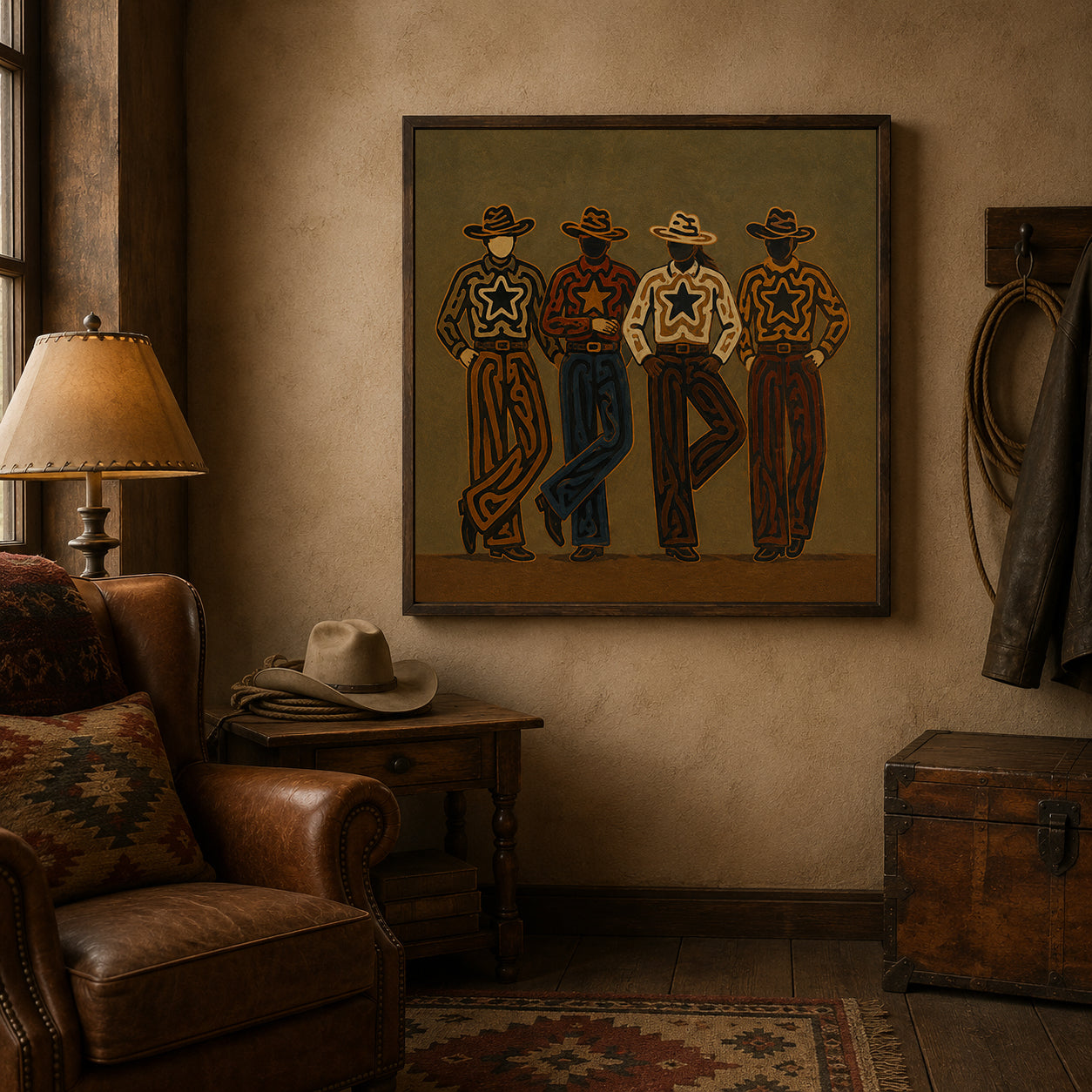 Four Cowboys Painting, Western Folk Art, Rustic Ranch Portrait Wall Decor For Living Room Decor