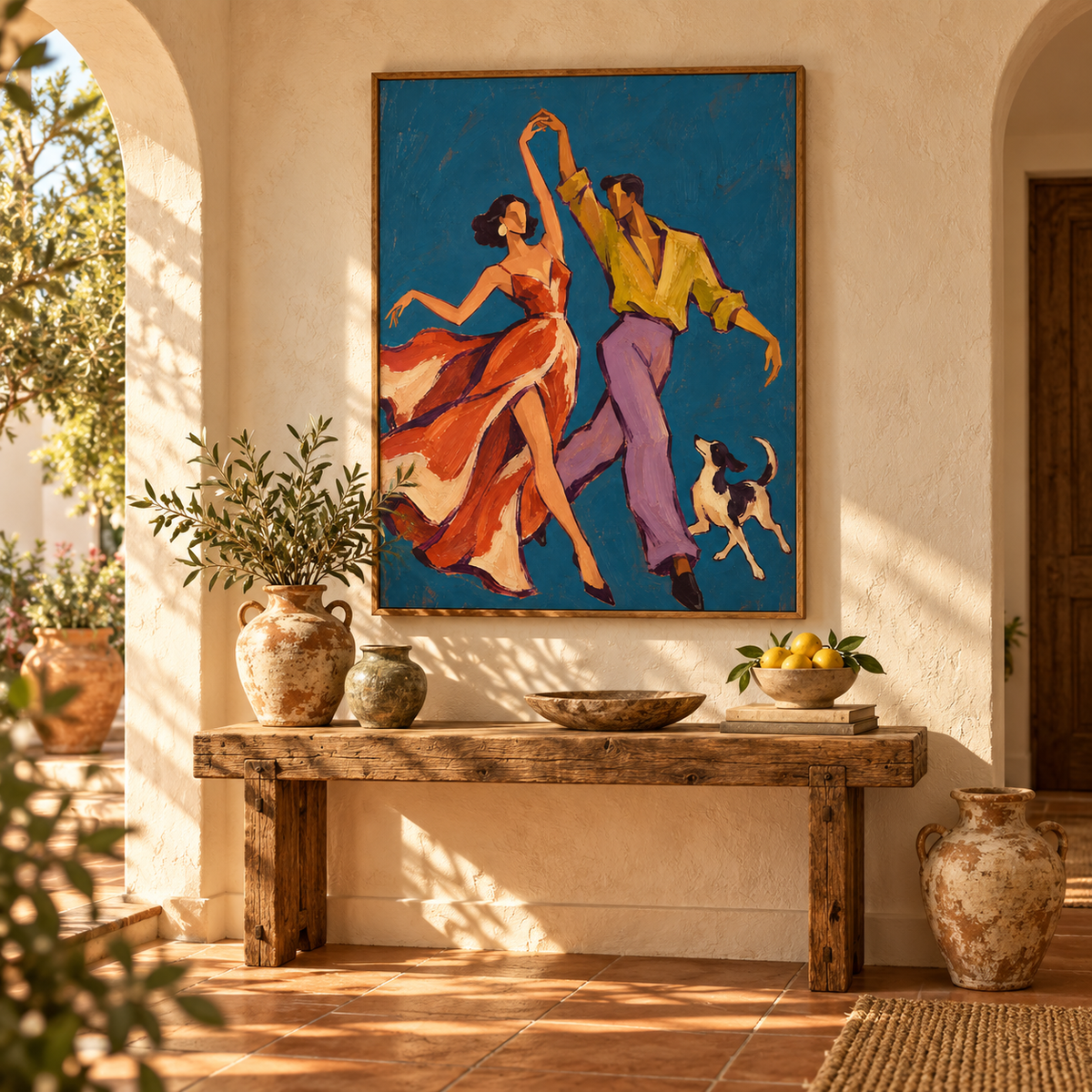 Passionate Tango Dancers Canvas Painting With Dog In Blue And Orange