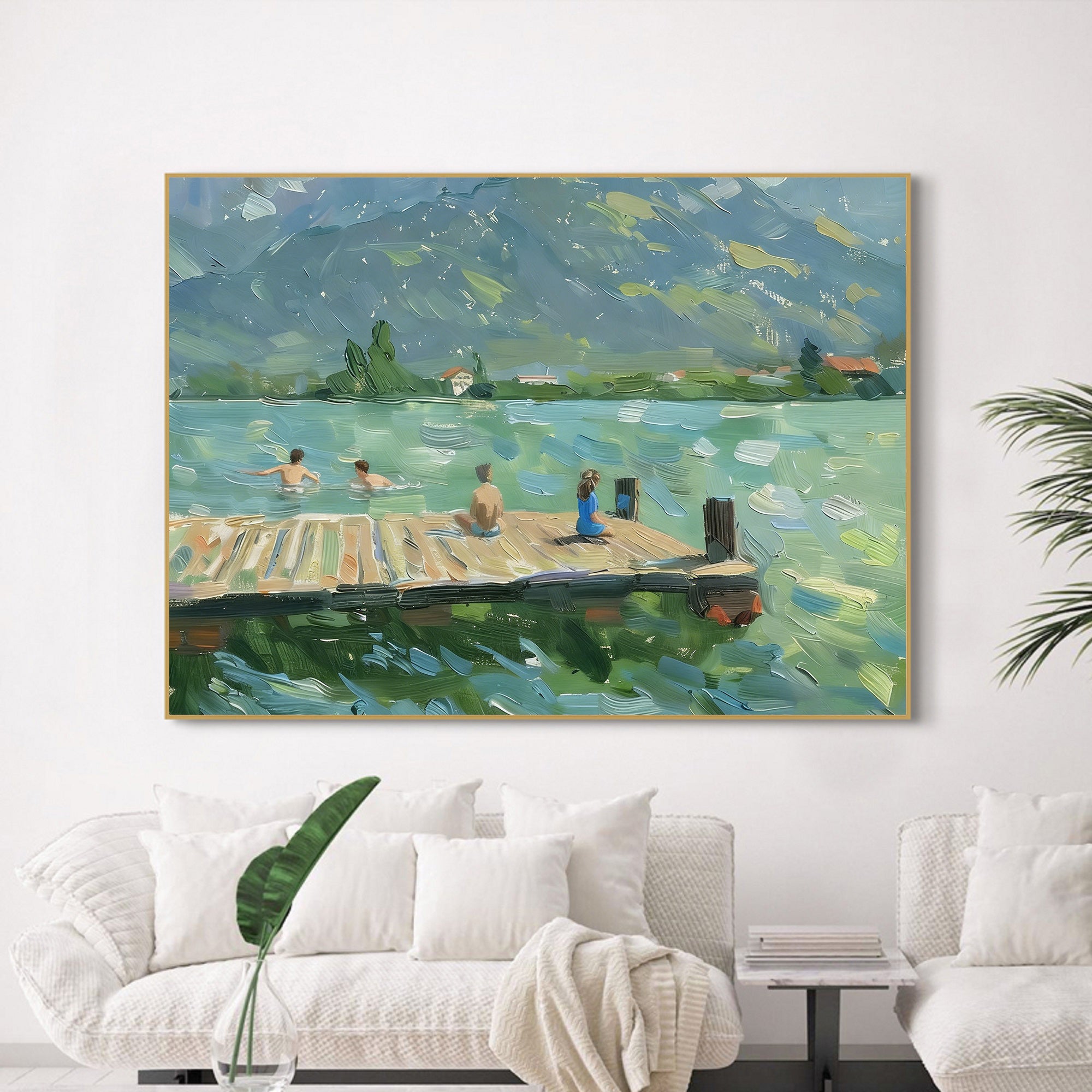 Family Summer lakeside landscape art green landscape abstract painting