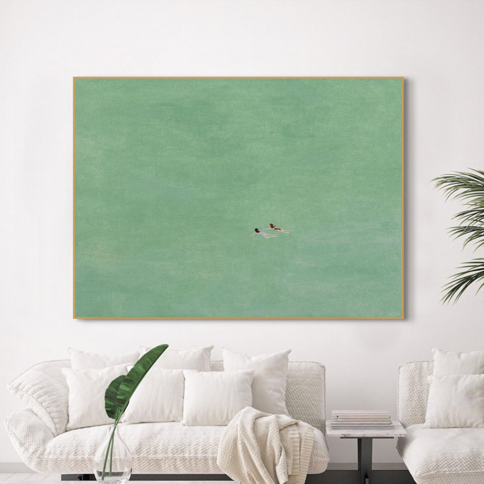 green abstract art two girls swimming painting green texture wall art