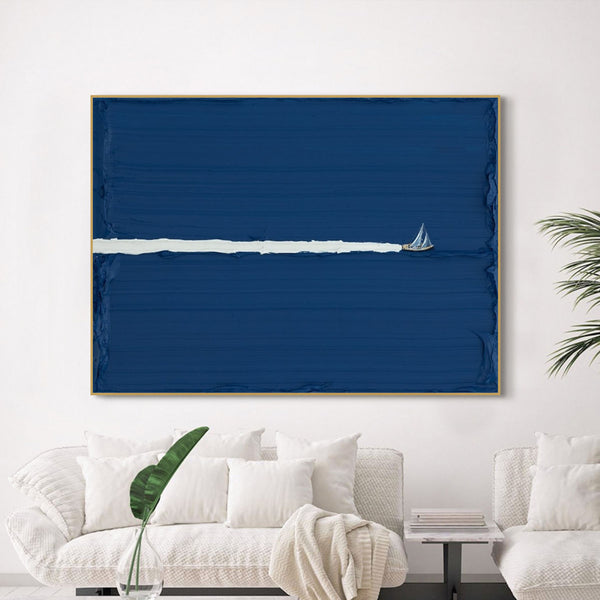 Large blue abstract art Abstract Blue Sailboat Wall Art Blue Sailboat Oil Painting on Canvas Blue Texture Art