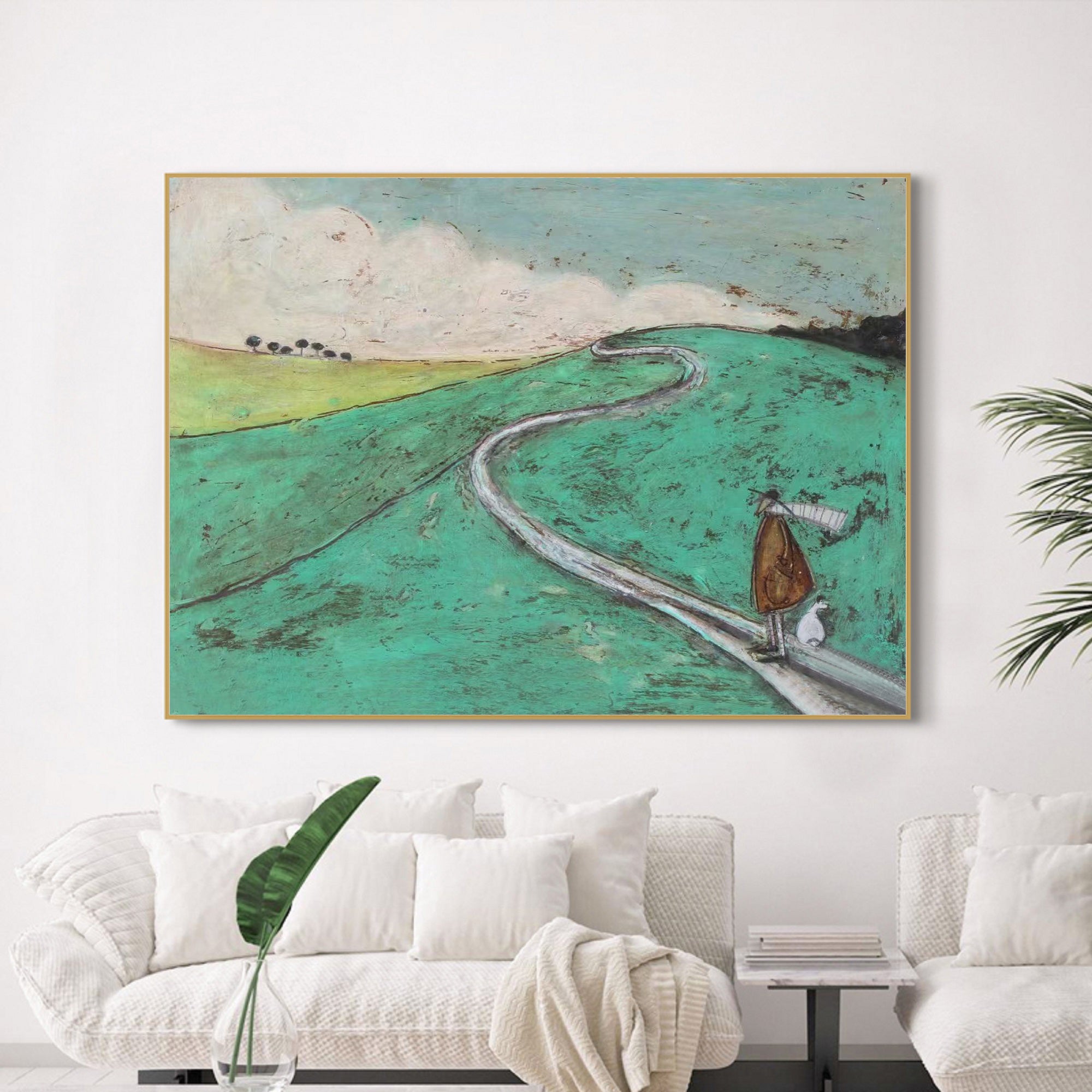 Modern Landscape Oil Painting, Whimsical Man and Dog on Winding Road, Minimalist Green Nature Wall Art
