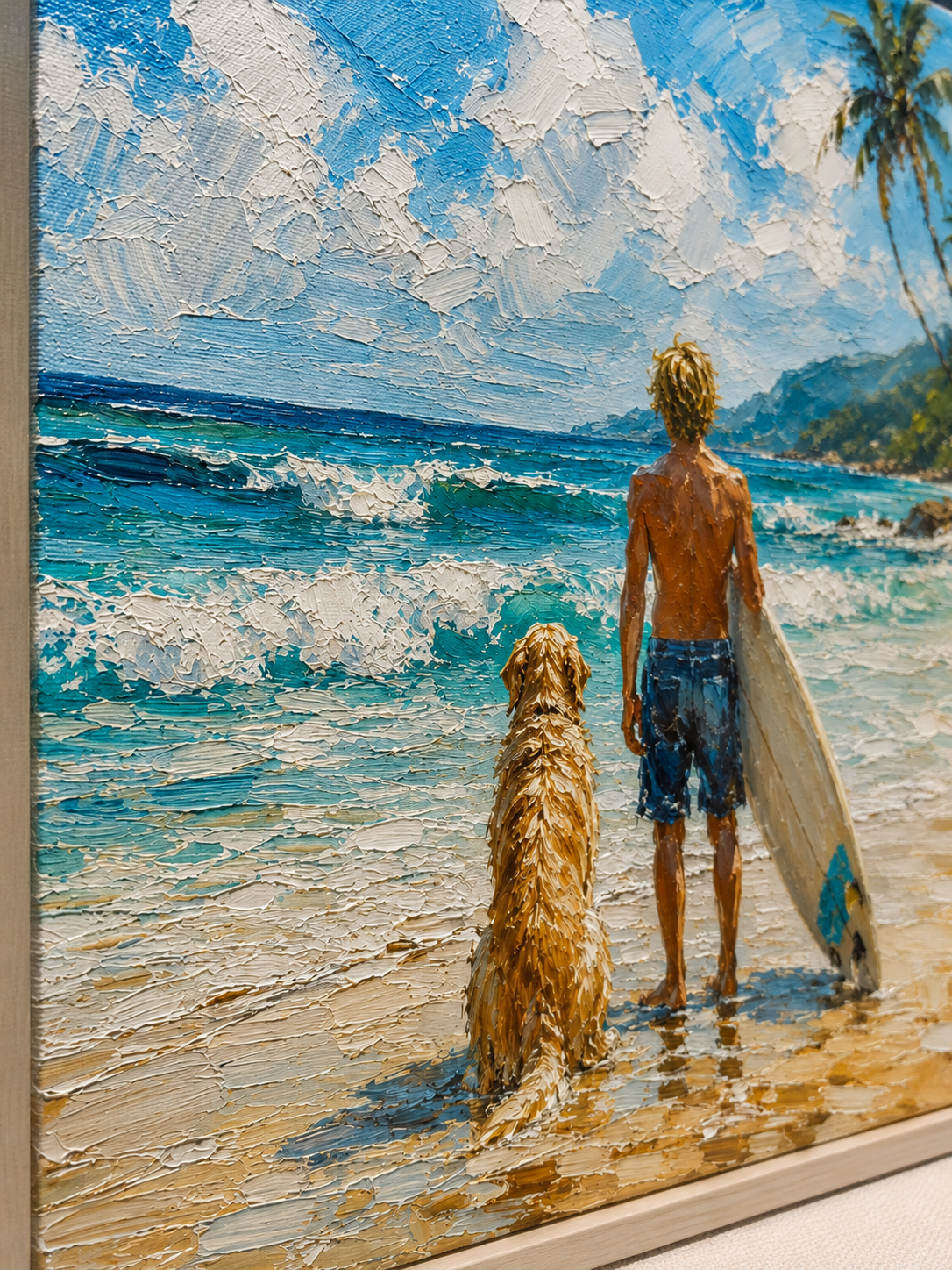 Surfer And Dog Beach Painting Textured Oil Art For Coastal Home Decor