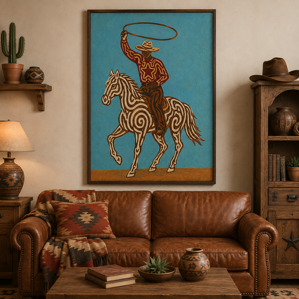 White Horse Cowboy Painting Modern Western Wall Art Original Hand Painted Oil Painting