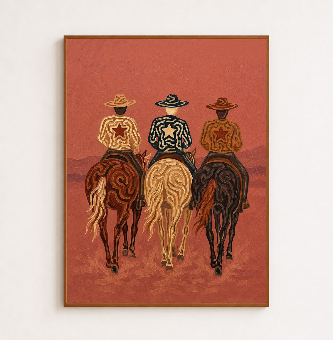 Pink Western Cowboys Painting, Desert Horse Riders, Southwestern Landscape Wall Art