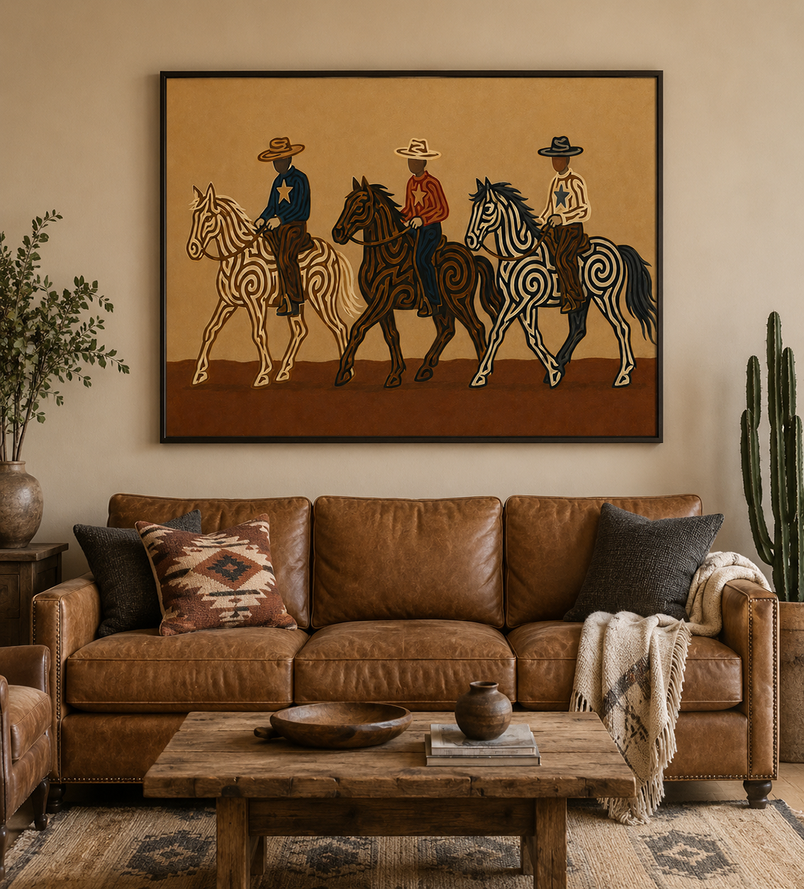 Three Cowboys Horse Painting, Western Ranch Riders, Earth Tone Southwestern Folk Art