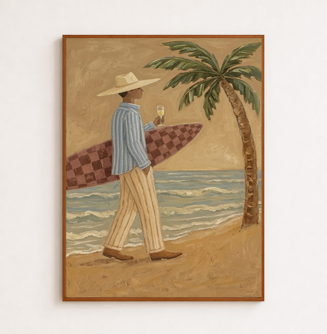 Vintage Surfer With Wine Glass Painting For Coastal Home Decor