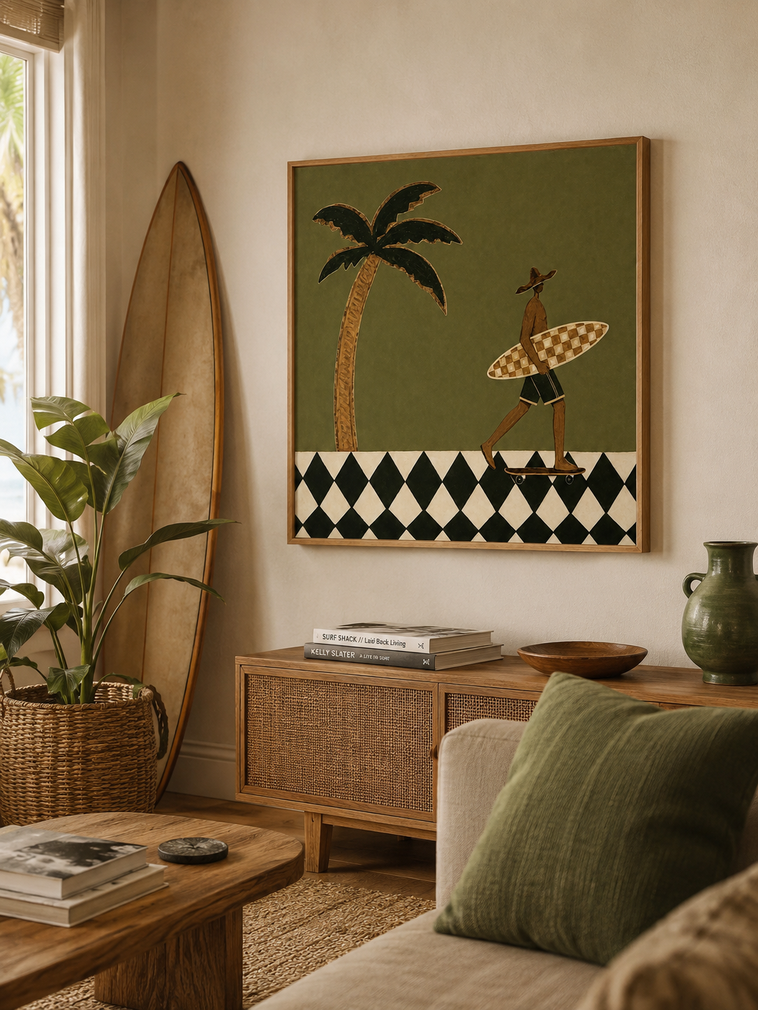 Vintage Minimalist Surf Art With Checkerboard Design For Modern Beach Home Decor